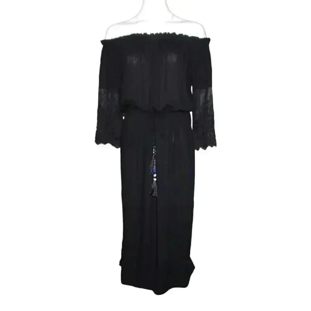 Young Fabulous & Broke Black Off Shoulder Midi Dress Lace Bell Sleeve Tassels S - Picture 2 of 7